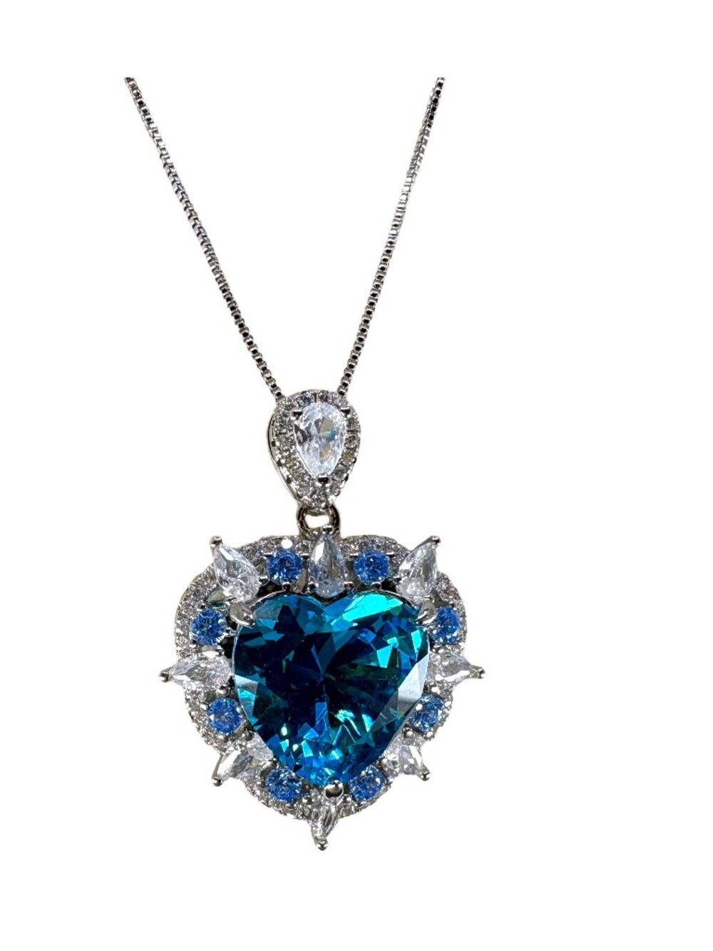 24K Gold Plated Stainless Steel Blue CZ Heart Pendant Necklace Chain 45+5cm